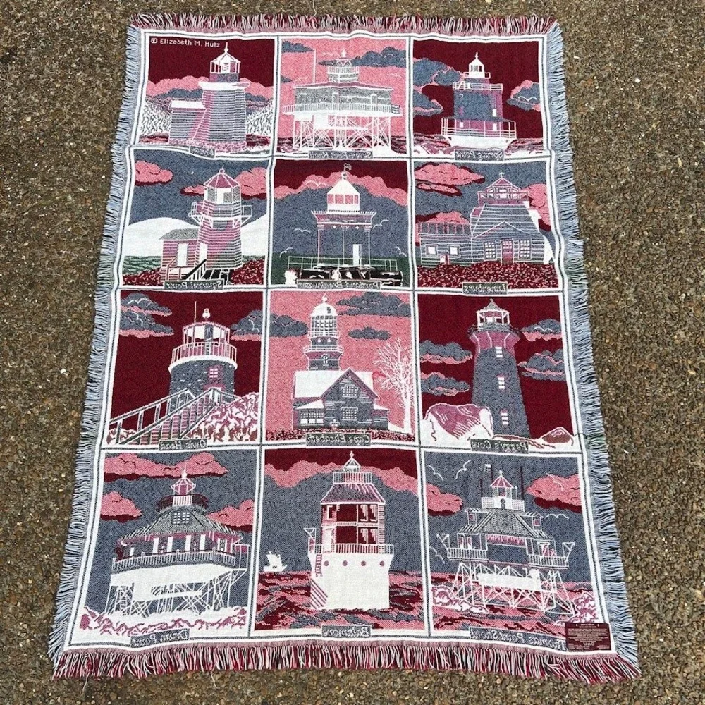 Crown Crafts Lighthouse Tapestry Blanket Woven Cotton Made in USA Nautical Throw